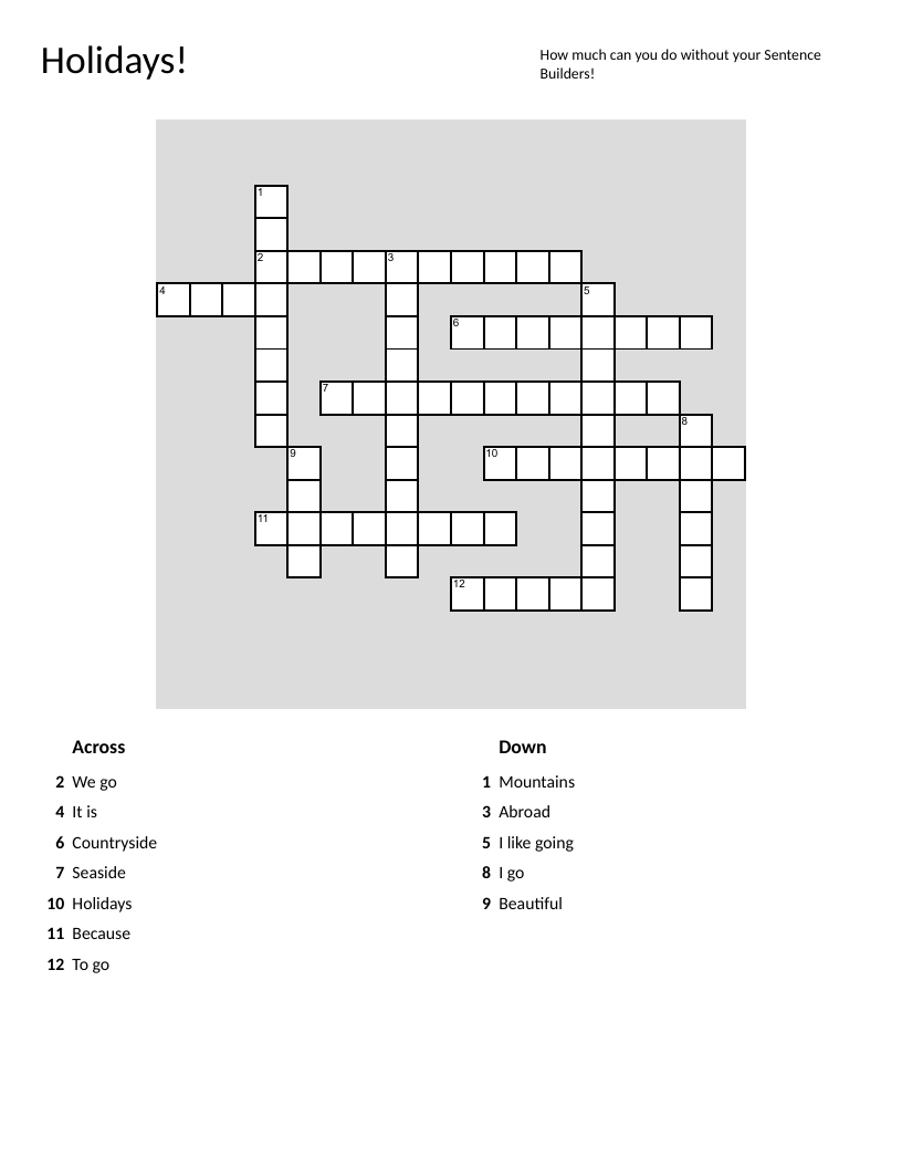 French holiday vocabulary crossword with vacation, travel, and destination words.