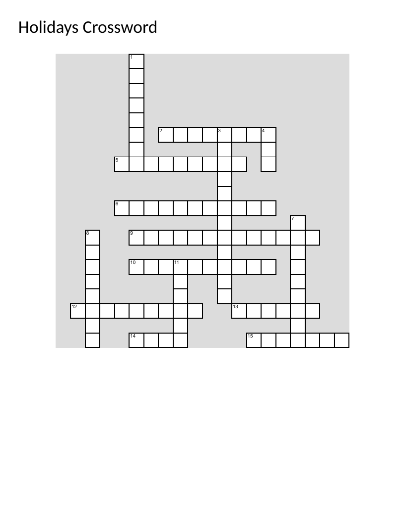 Holidays crossword with Christmas, Hanukkah, Diwali, Kwanzaa, and Easter.