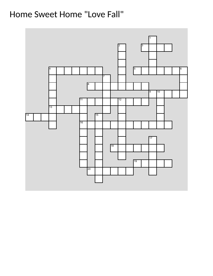 Fall and harvest crossword with pumpkin, scarecrow, and Thanksgiving vocabulary.