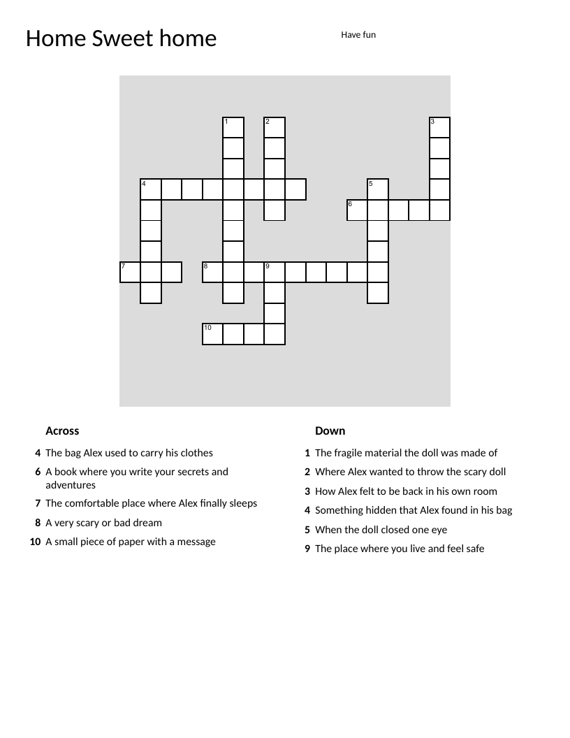 Home Sweet Home story-based crossword with vocabulary like suitcase, diary, and nightmare.