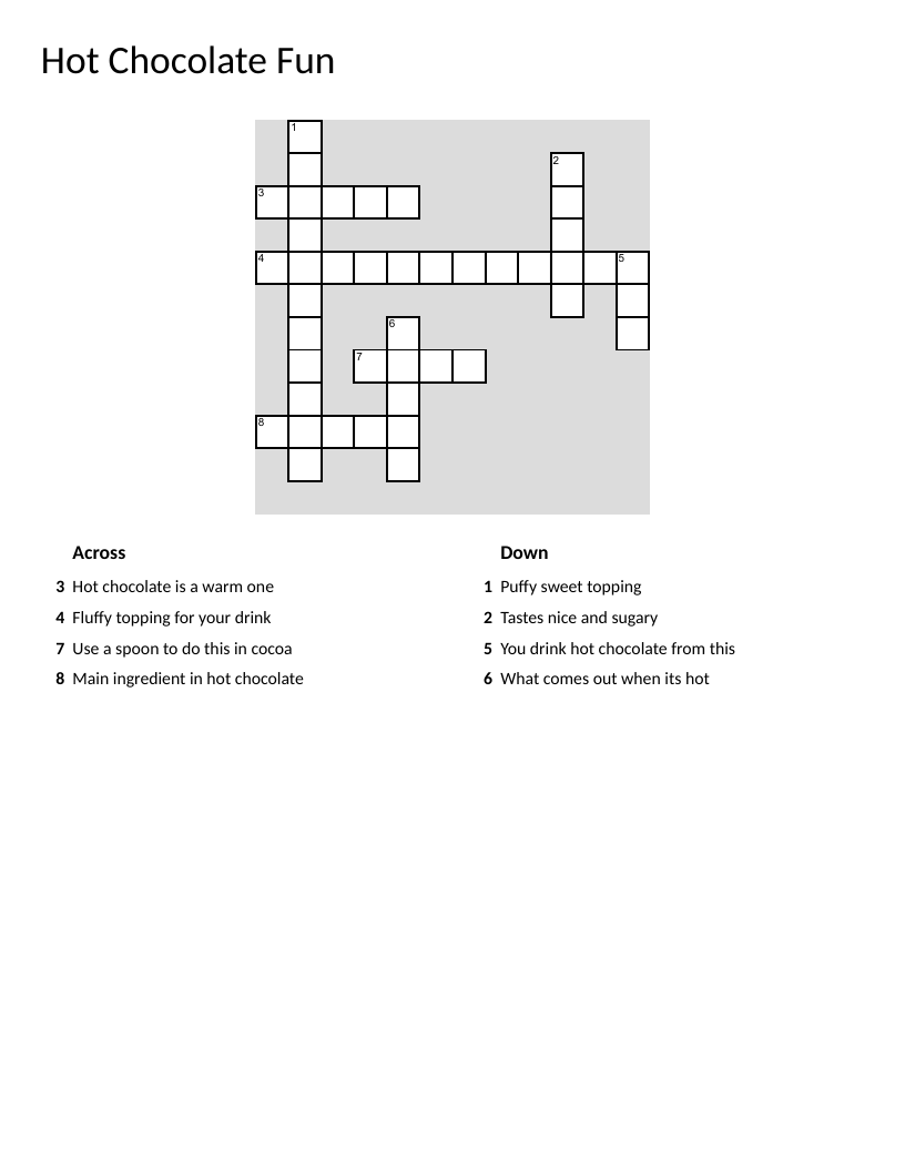 Hot chocolate crossword puzzle with words like cocoa, marshmallow, and whipped cream.