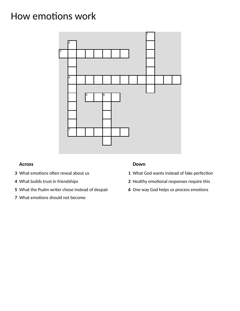 Emotions crossword puzzle about feelings, communication, and self-control.