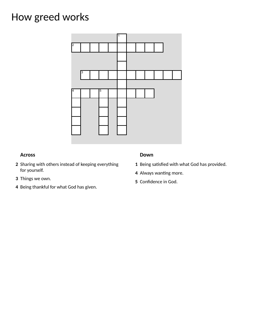 Character-education crossword about greed, generosity, gratitude, and contentment.
