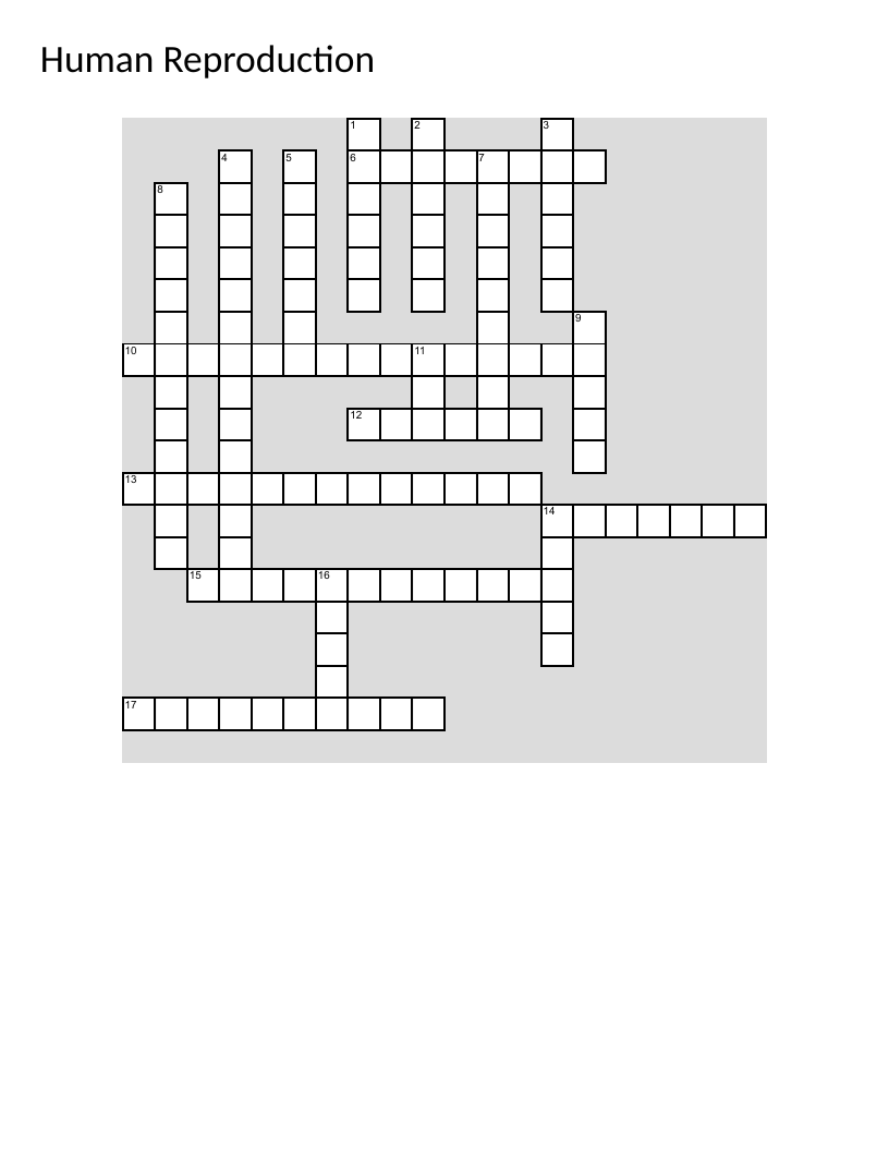 Human reproduction anatomy crossword with ovulation, fertilization, and hormone vocabulary.