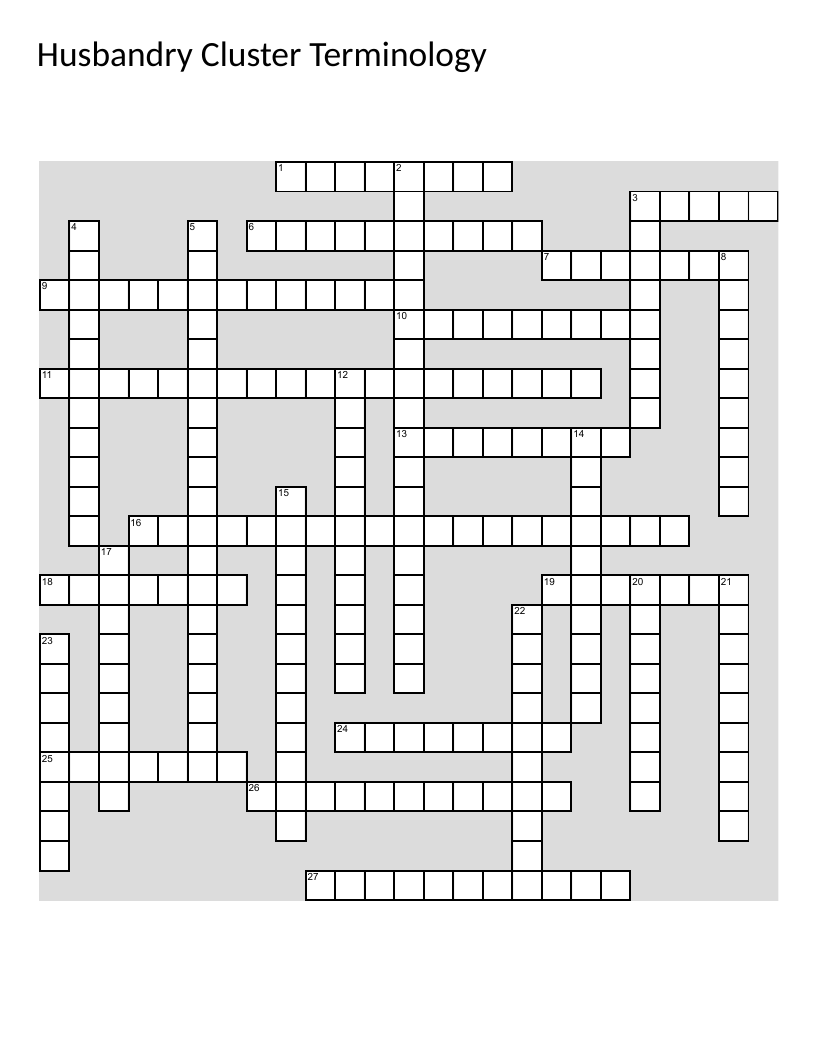 Animal husbandry crossword with ruminant, ectotherm, and mammary gland terminology.
