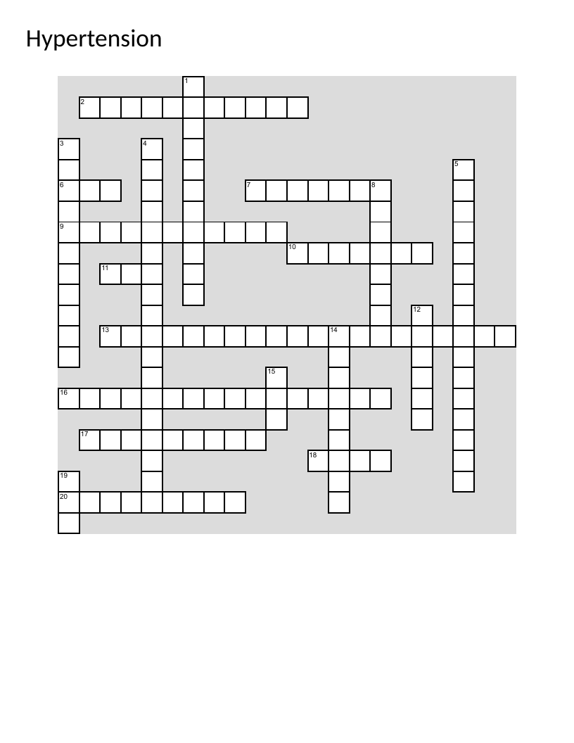 Hypertension healthcare crossword with drug classes, DASH diet, and diagnostic criteria.