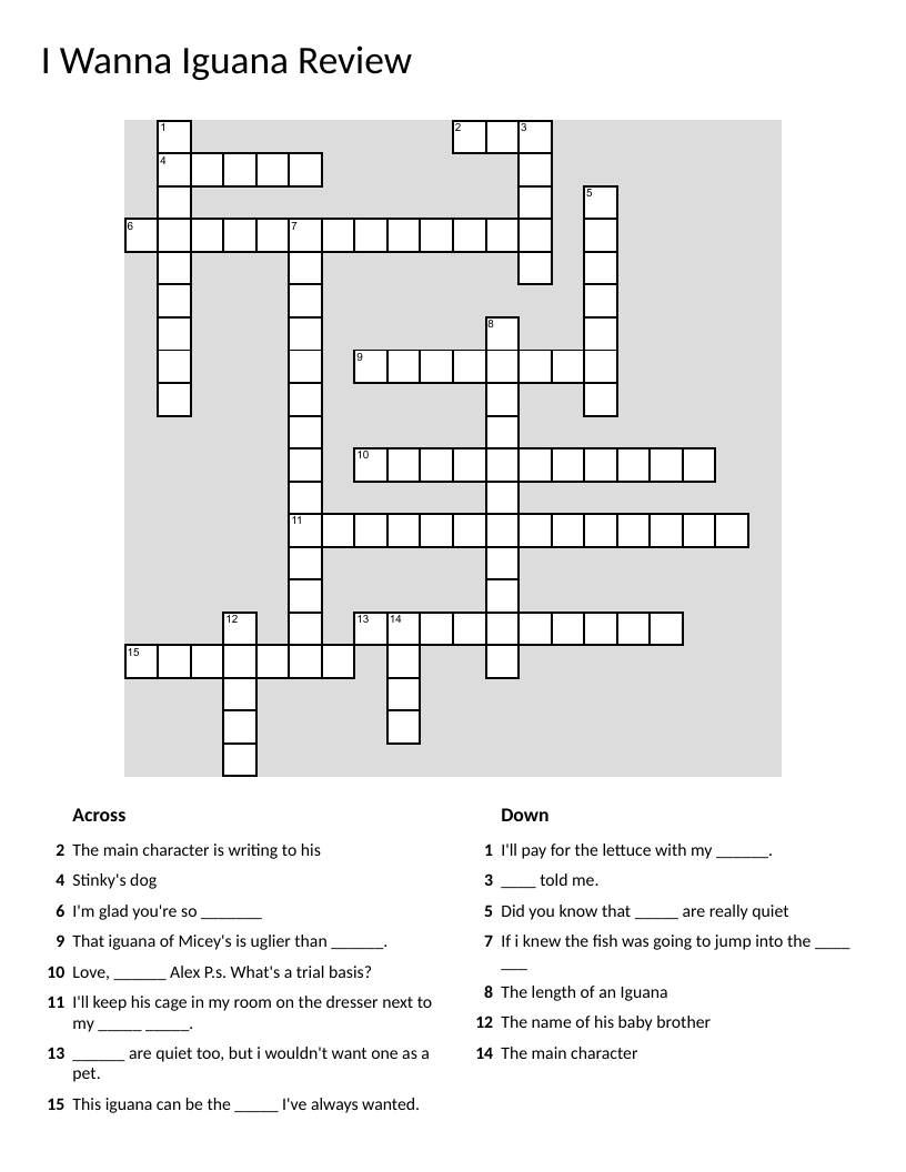 I Wanna Iguana book crossword with characters Alex, Mikey, and the iguana.