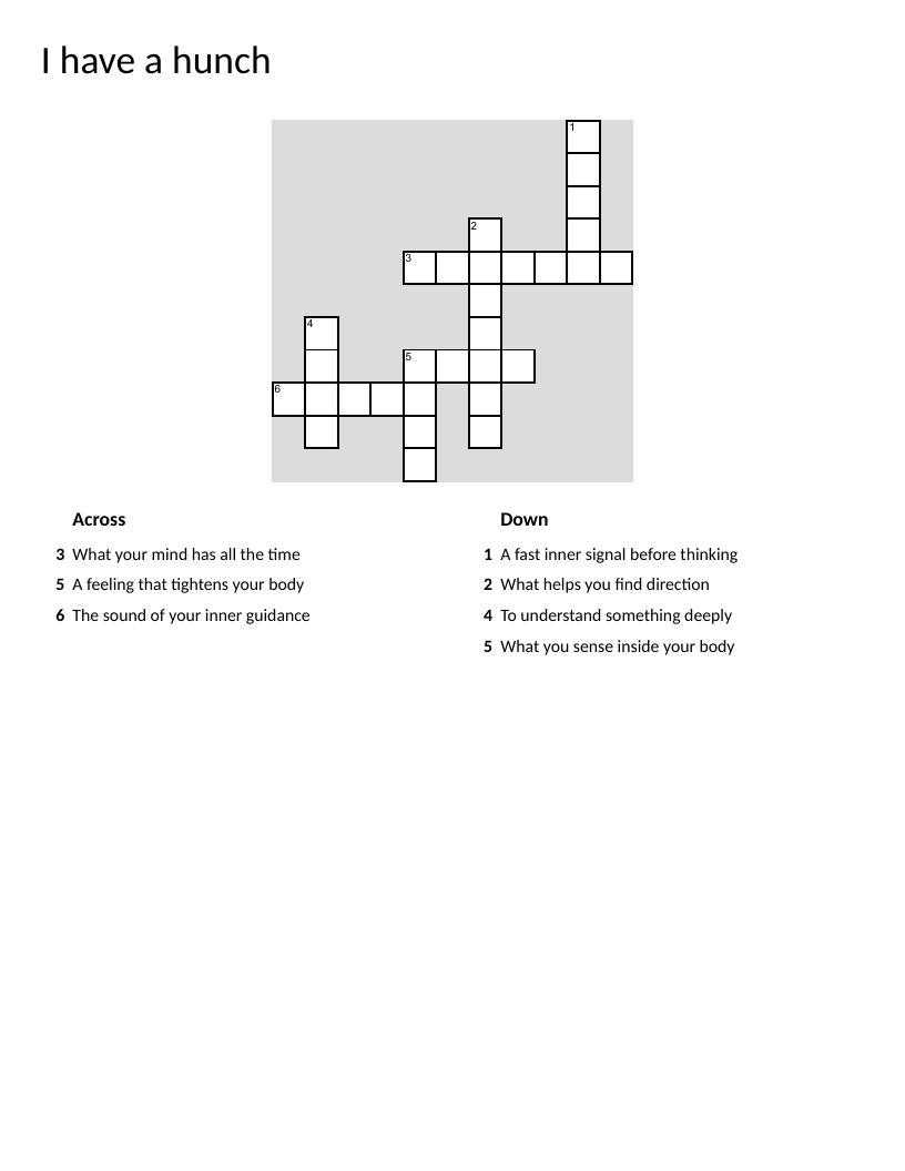 Crossword about intuition, hunches, and inner guidance for elementary students.