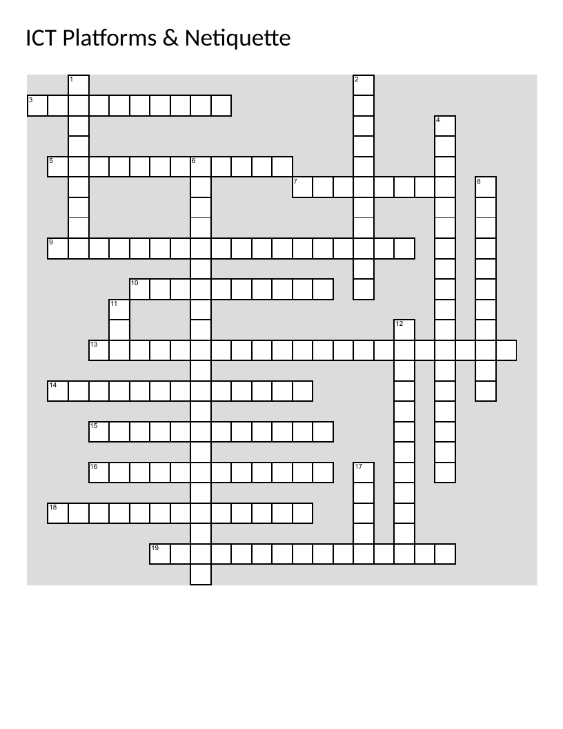 ICT and netiquette crossword with social media, blogs, and online communication vocabulary.