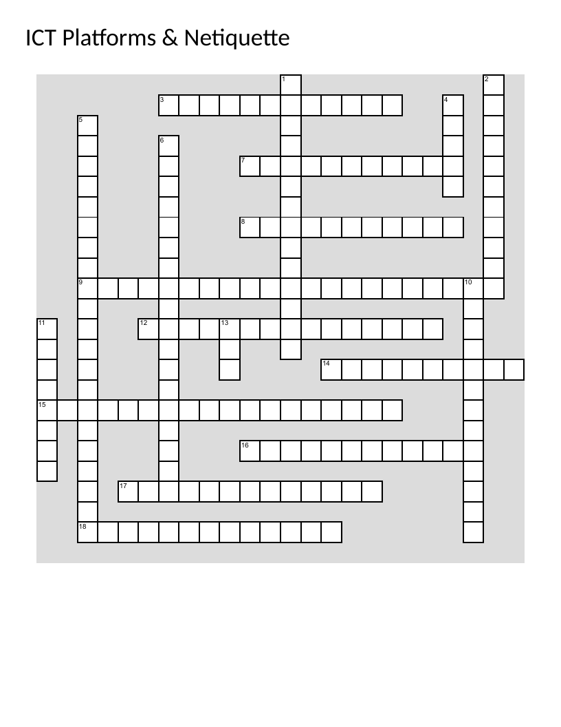 ICT and netiquette crossword puzzle with social media, web platforms, and online communication vocabulary.