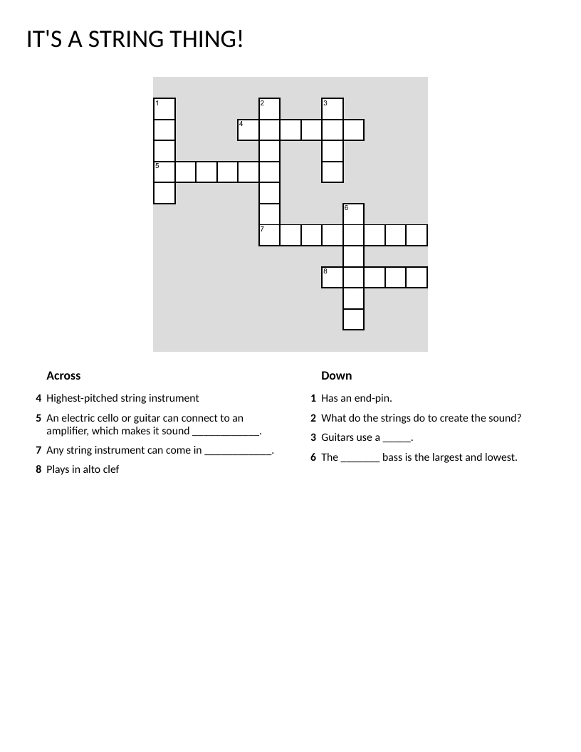 String instruments crossword with violin, viola, cello, and music vocabulary.
