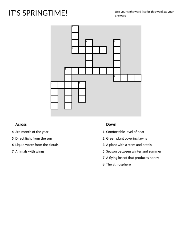 Spring vocabulary crossword with words like flowers, birds, rain, and sunshine.