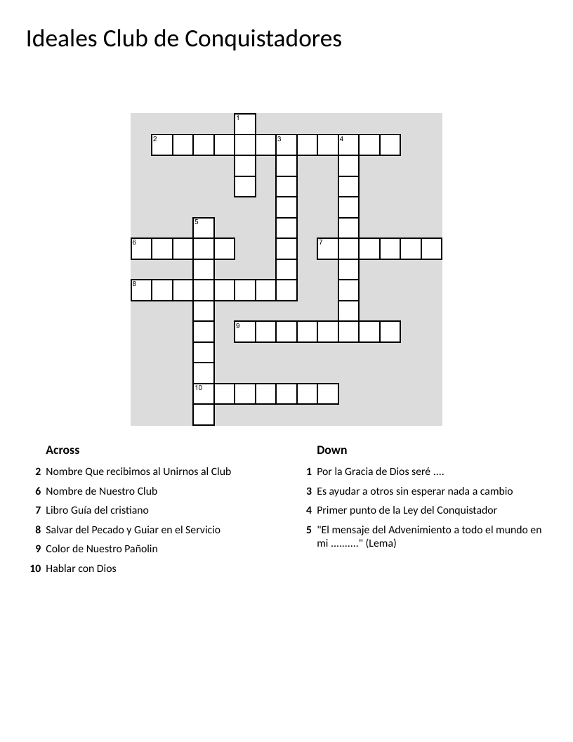 Spanish crossword about Conquistadores club values and Christian ideals.