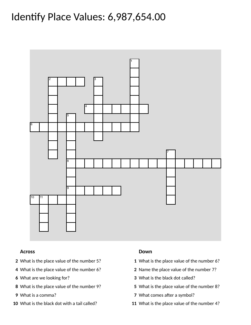 Place value crossword puzzle for identifying millions, thousands, and ones place.