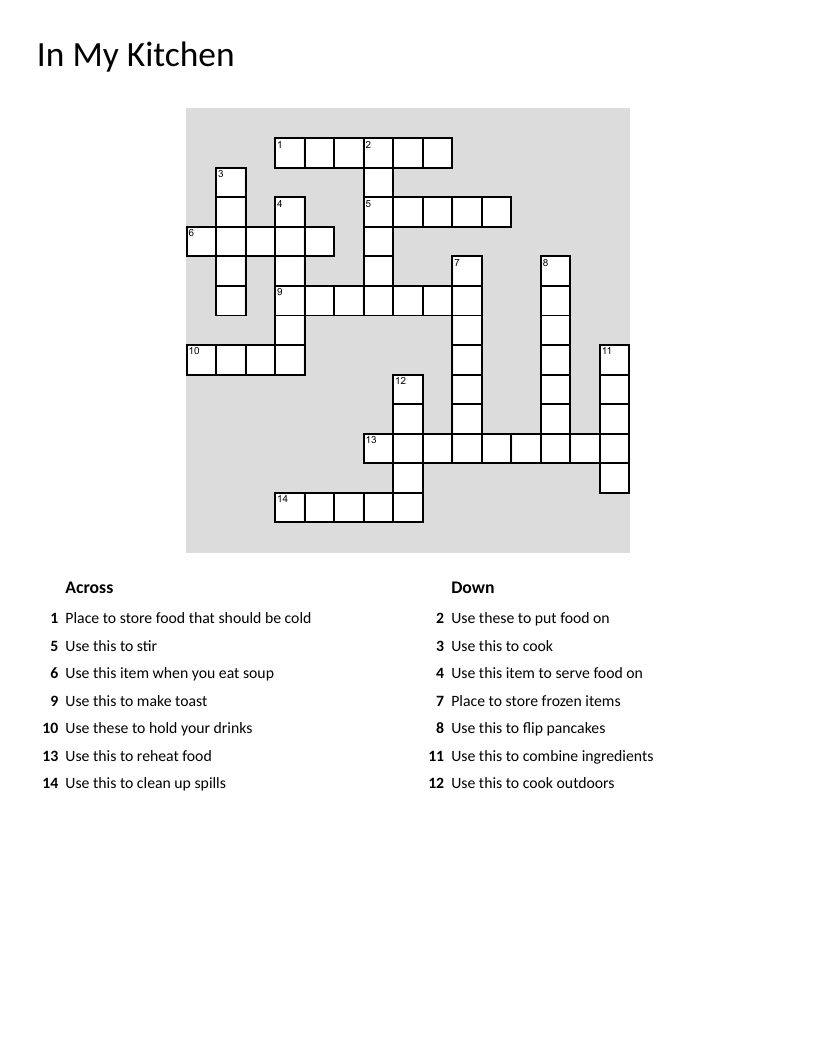 Kitchen vocabulary crossword with words like fridge, toaster, and spoon.