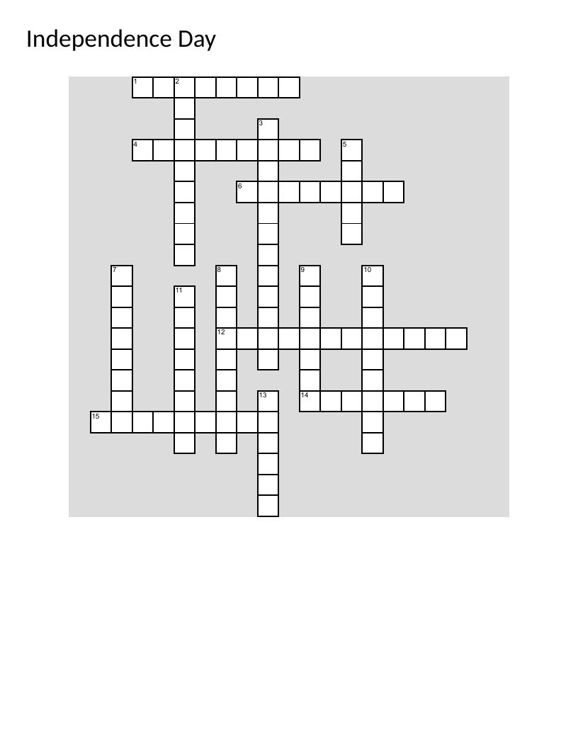 Independence Day crossword with fireworks, Declaration of Independence, and patriotic traditions.