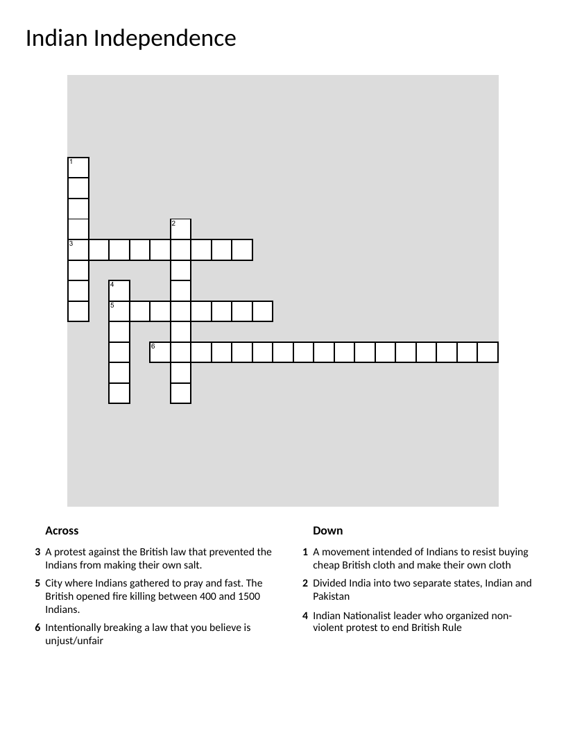 Independence Day crossword puzzle about India's freedom struggle