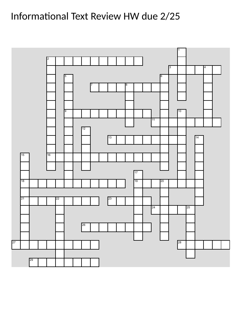Informational text review crossword with vocabulary like author's purpose, rhetorical appeals, and text structure.