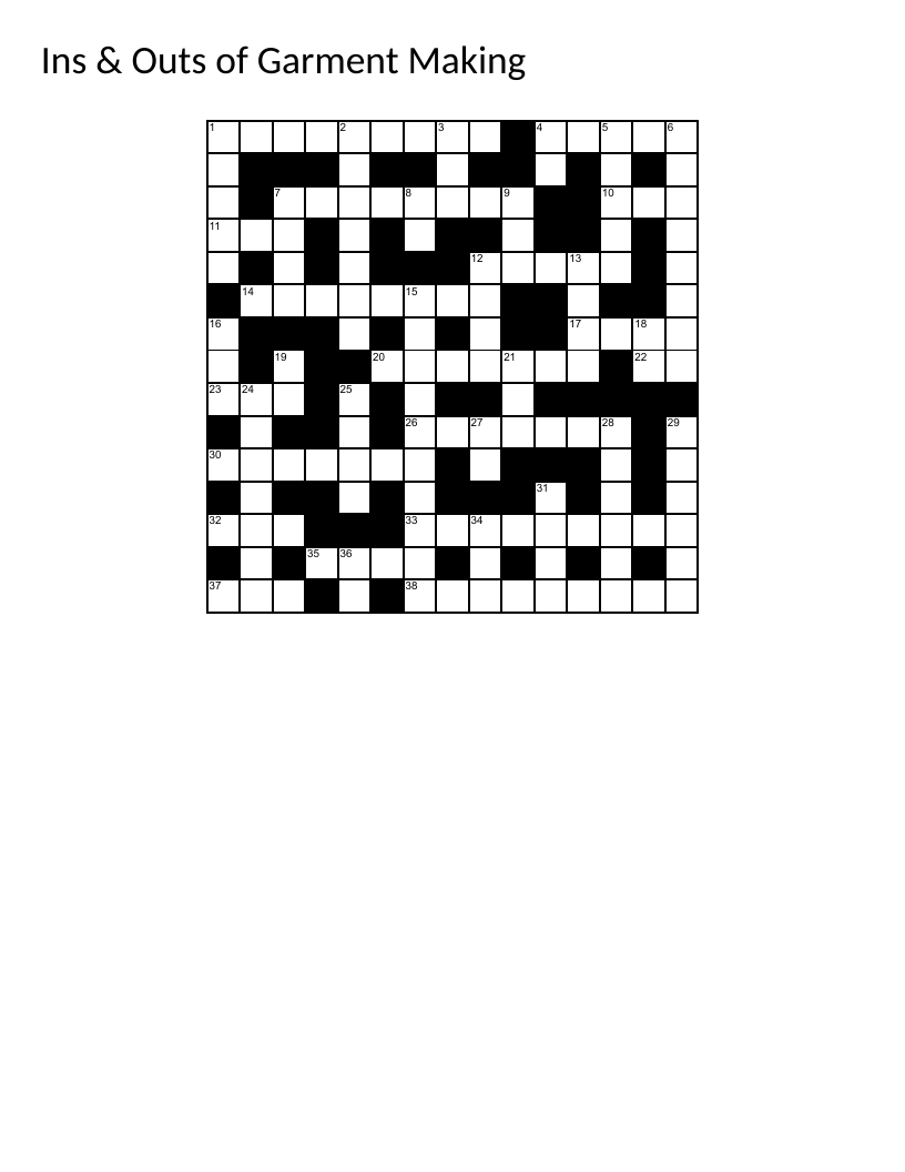 Garment-making crossword with sewing techniques, tools, and textile terminology.