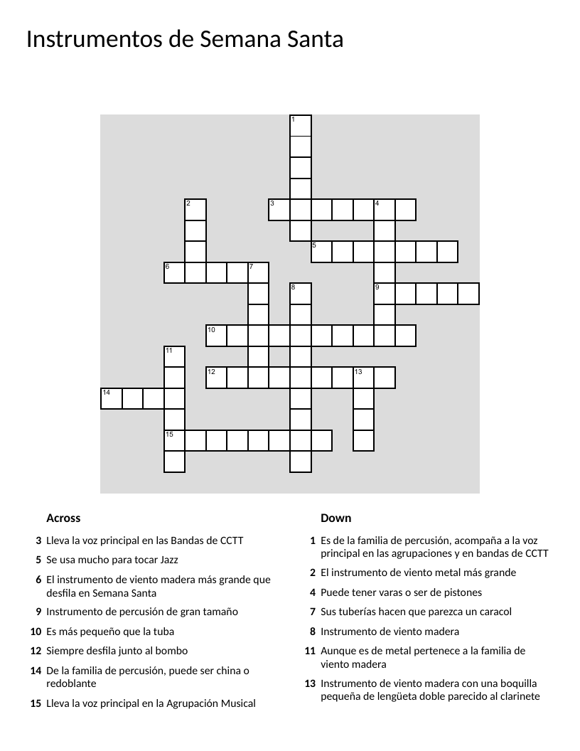 Spanish musical instruments crossword with trumpet, saxophone, and drum vocabulary.
