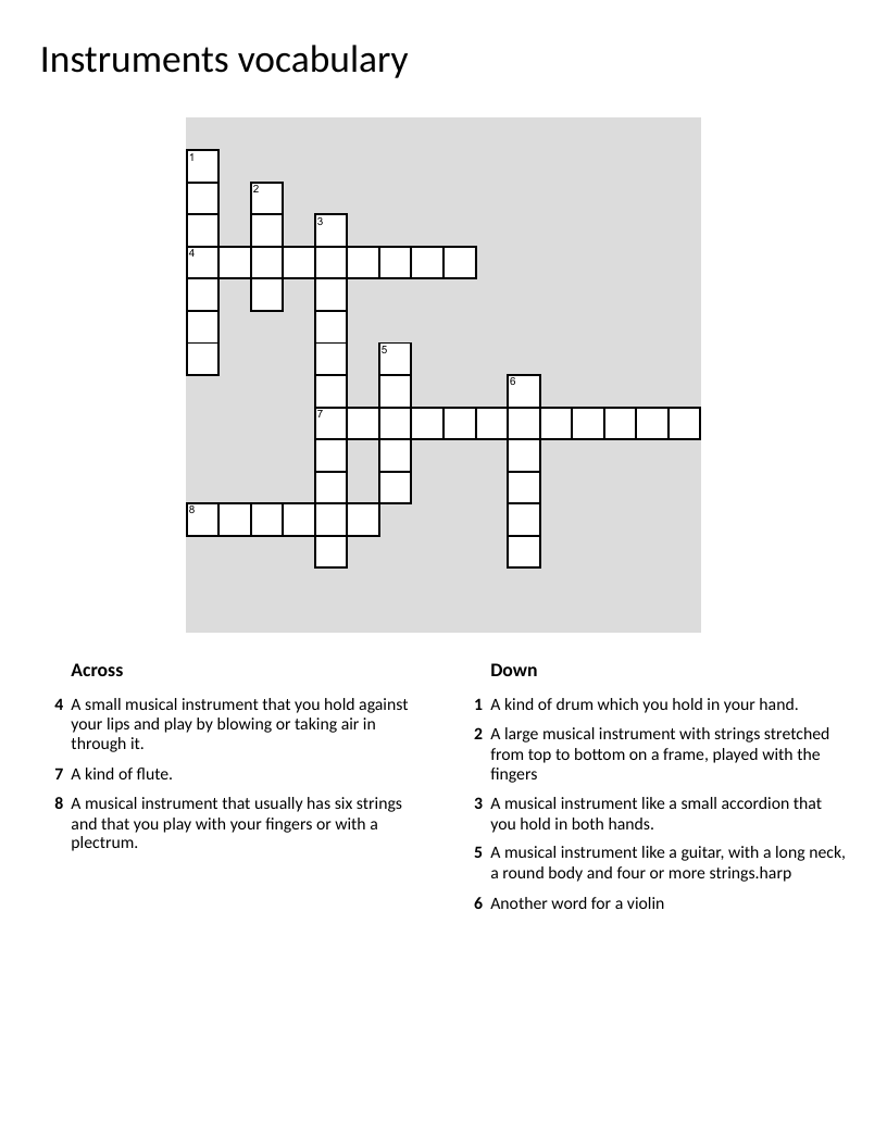 Musical instruments crossword with guitar, harmonica, harp, and violin.