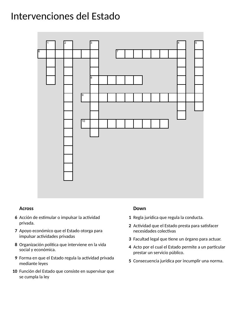 Spanish civics crossword on government intervention, regulation, and public services.