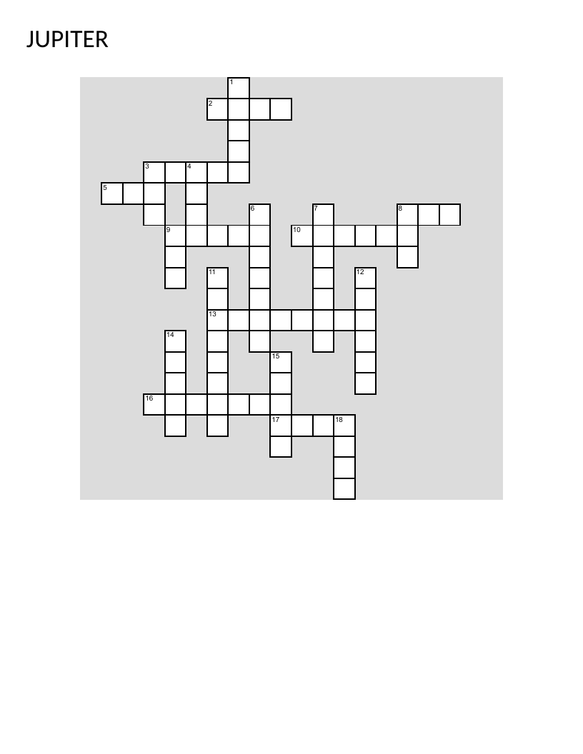 Jupiter astronomy crossword puzzle with moons, Great Red Spot, and solar system facts.