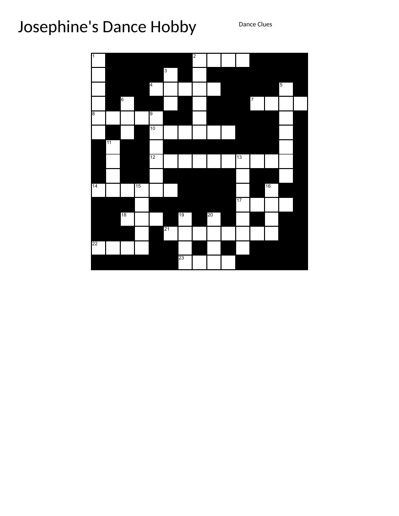 Dance crossword with ballet, tap, and ballroom terminology like pirouette and pointe.