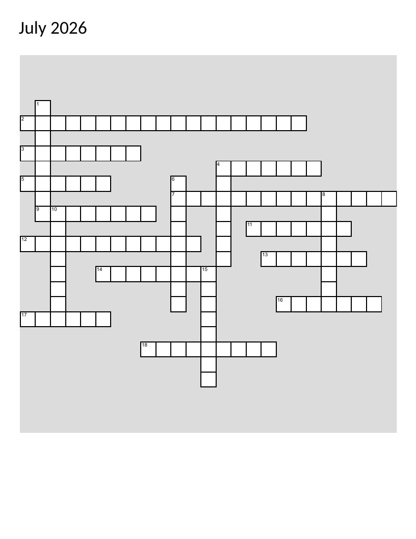 July and Fourth of July crossword with Independence Day and summer cookout themes.