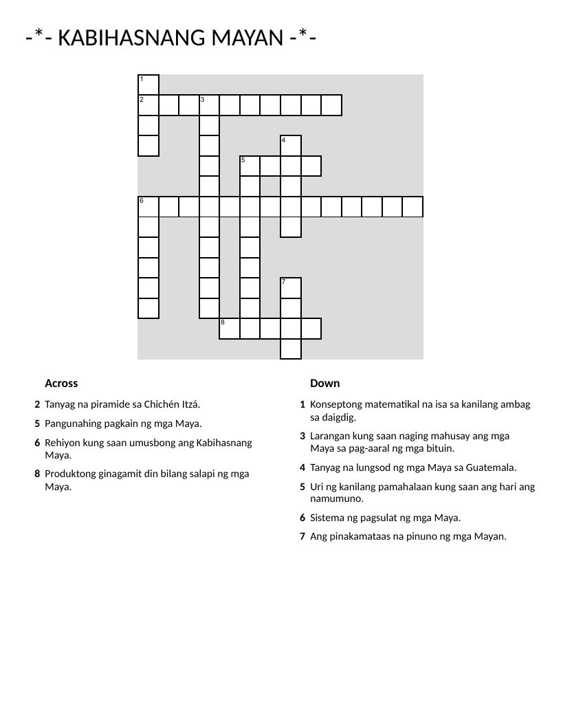 Mayan civilization crossword with clues about pyramids, astronomy, and glyphs.