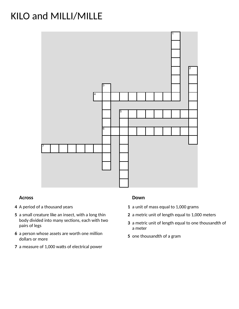 Metric prefixes crossword with kilo and milli vocabulary like kilometer and millimeter.