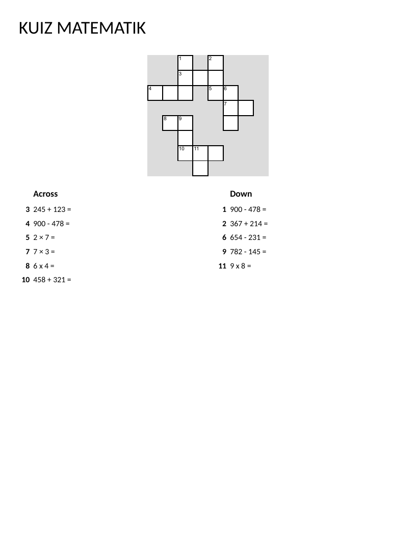 Math crossword puzzle with addition, subtraction, and multiplication problems for elementary grades.