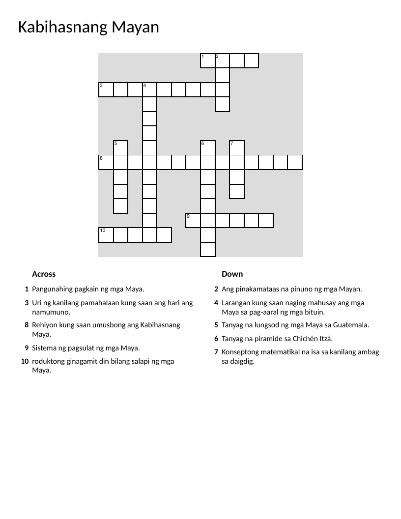 Mayan civilization crossword with clues about corn, astronomy, Tikal, and zero.