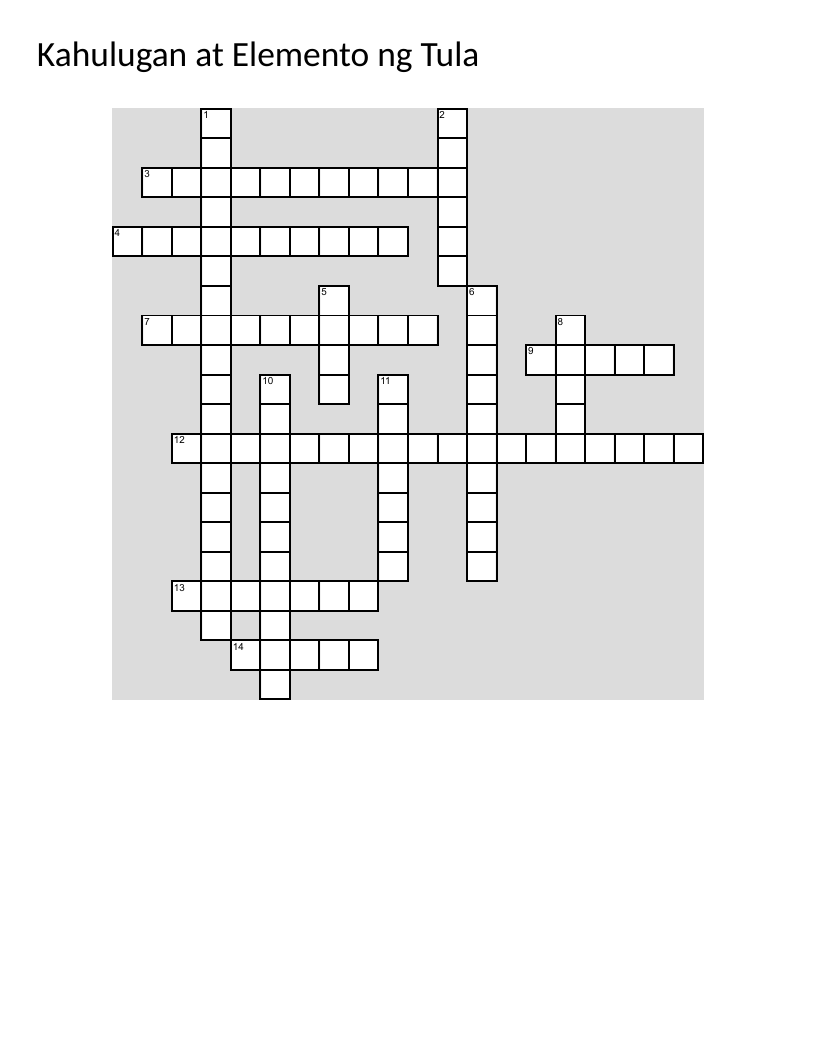 Tagalog poetry crossword with literary terms like metaphor, rhyme, and personification.