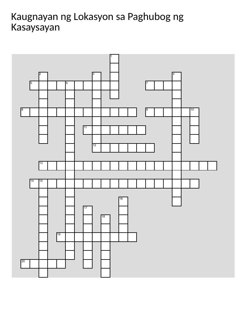 Tagalog crossword on Philippine geography, islands, climate, and colonial history.