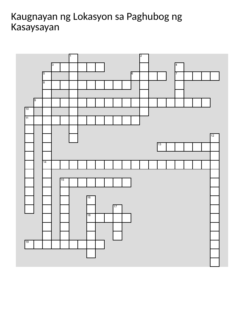 Tagalog crossword about Philippine geography, climate, history, and culture.