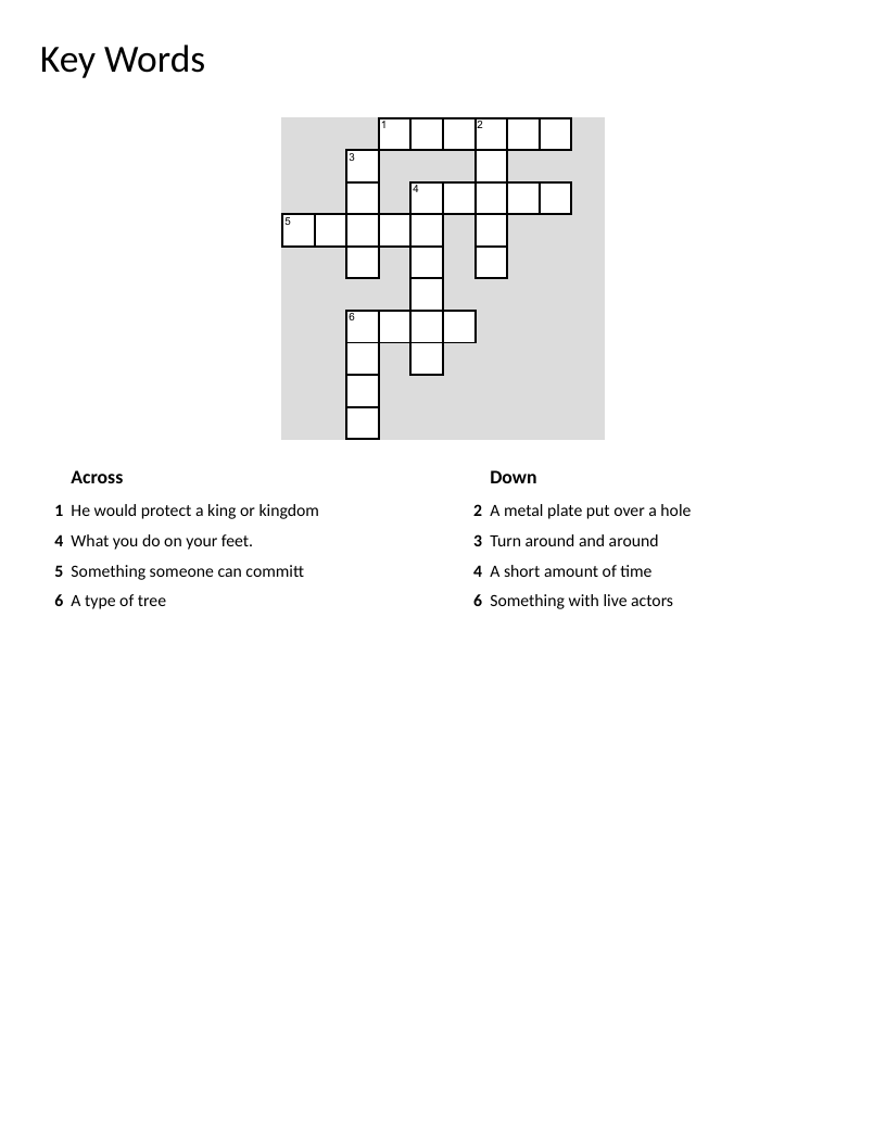 Vocabulary crossword puzzle with common English words for elementary learners.