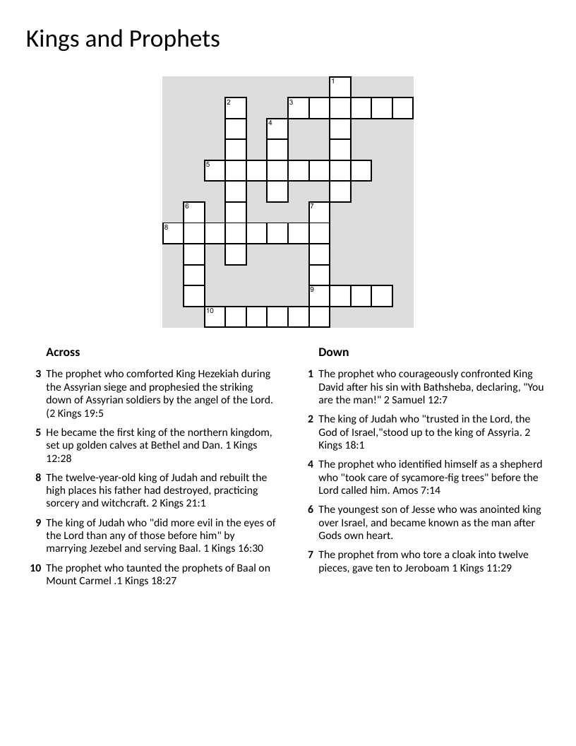 Kings and Prophets crossword with Old Testament figures like David, Isaiah, and Elijah.