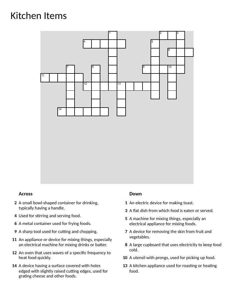 Kitchen items vocabulary crossword with tools, utensils, and appliances.