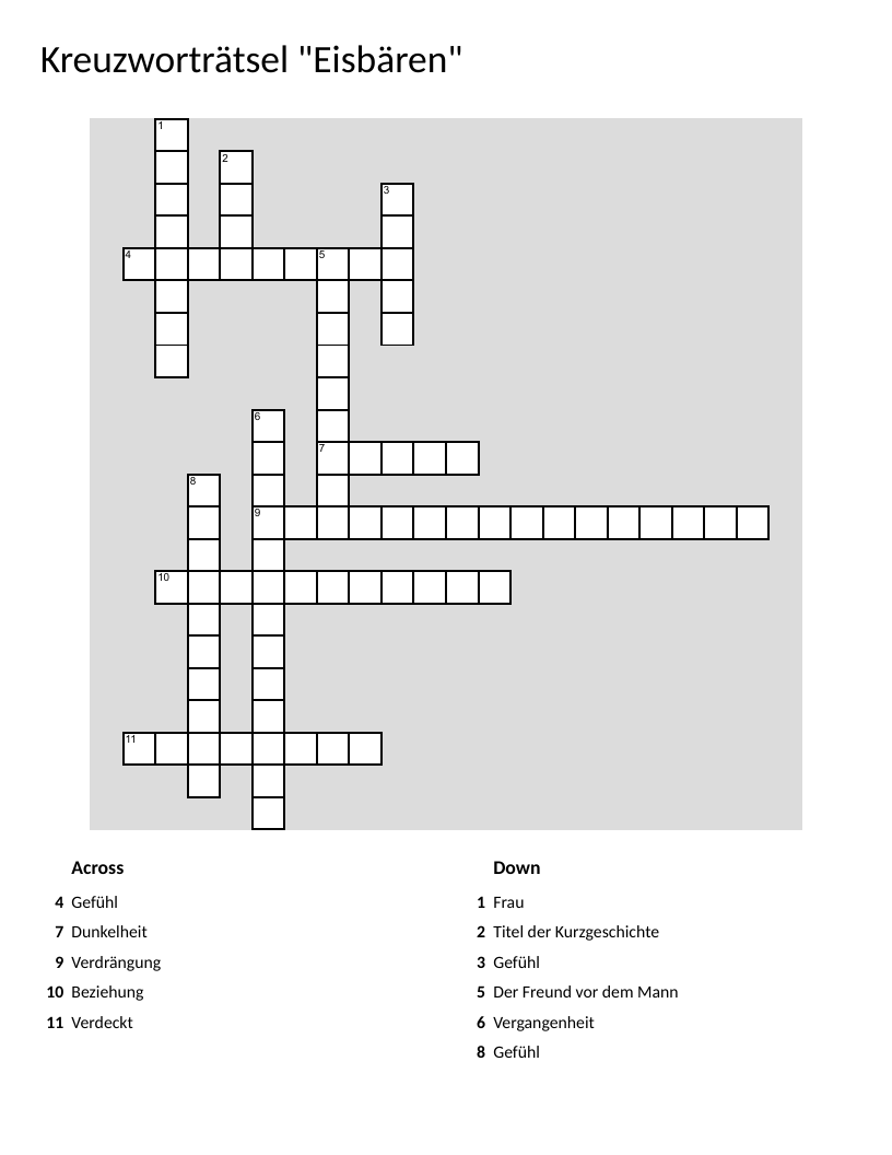 German crossword puzzle for Eisbären short story with vocabulary on emotions and psychology.