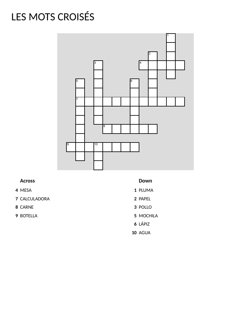Spanish-to-French vocabulary crossword with everyday words like table, pen, and water.