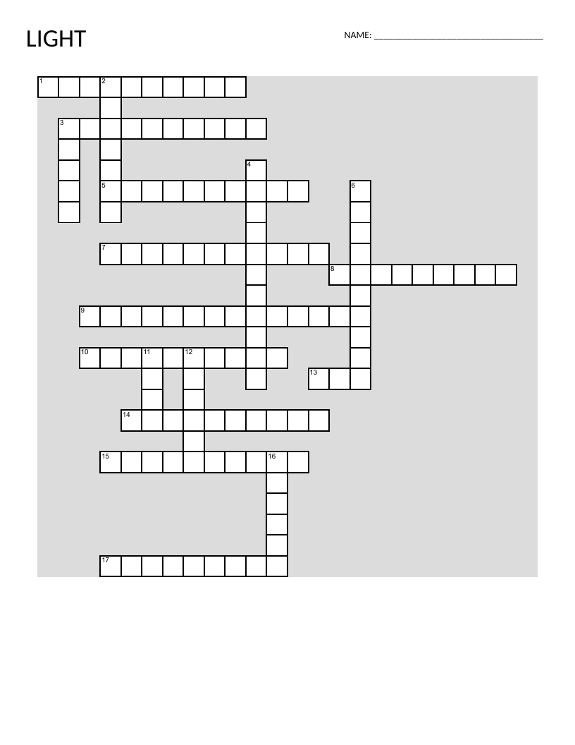 Light and optics science crossword with reflection, refraction, and telescopes.