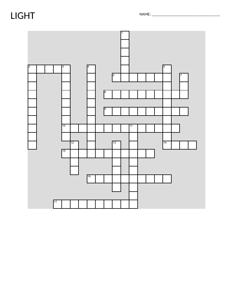 Light and optics crossword with reflection, refraction, and microscope vocabulary.