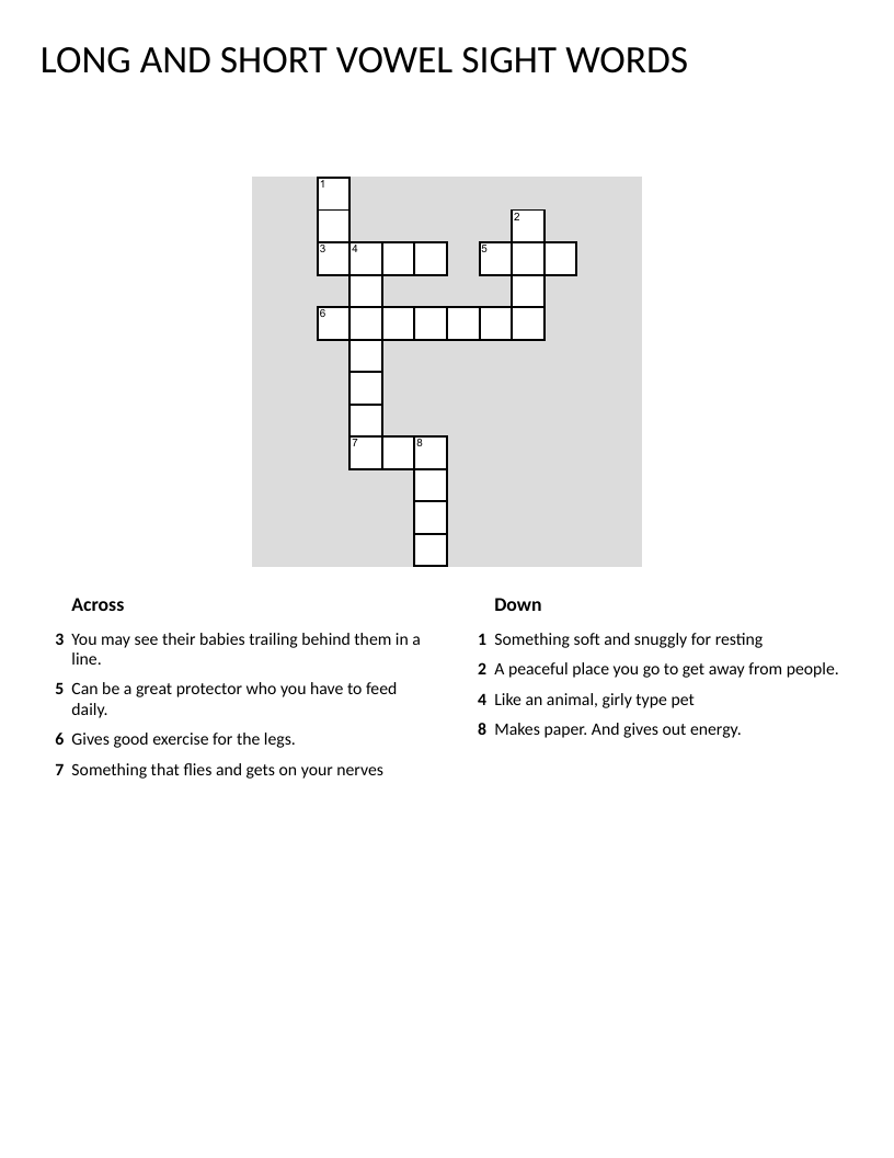 Sight words crossword with long and short vowel words for early readers.