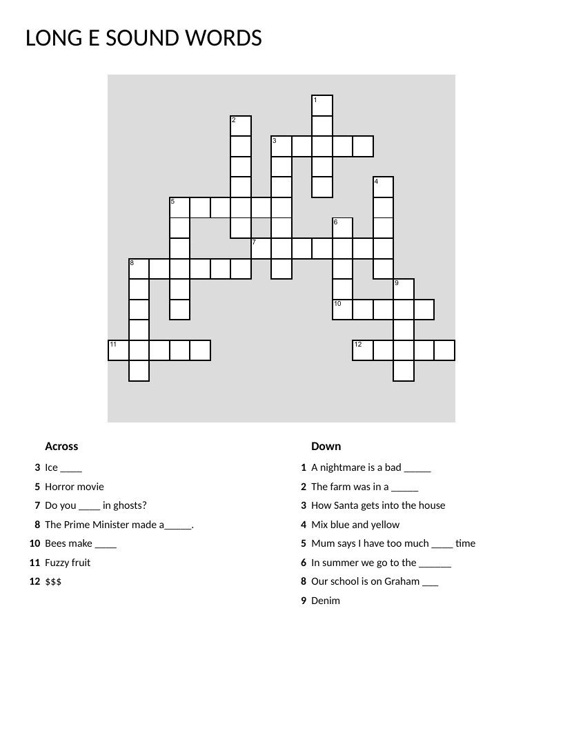 Long E sound words crossword with beach, cream, dream, and green.