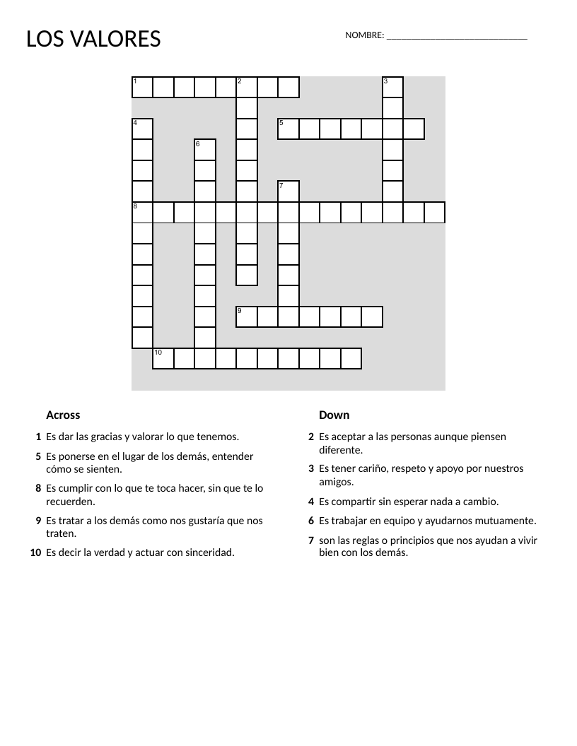 Spanish values crossword with words like empathy, honesty, and generosity.