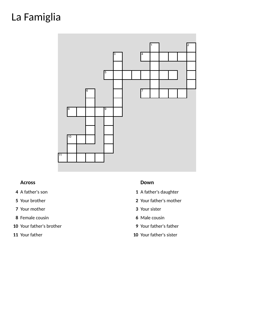 Italian family vocabulary crossword with padre, madre, fratello, and sorella.