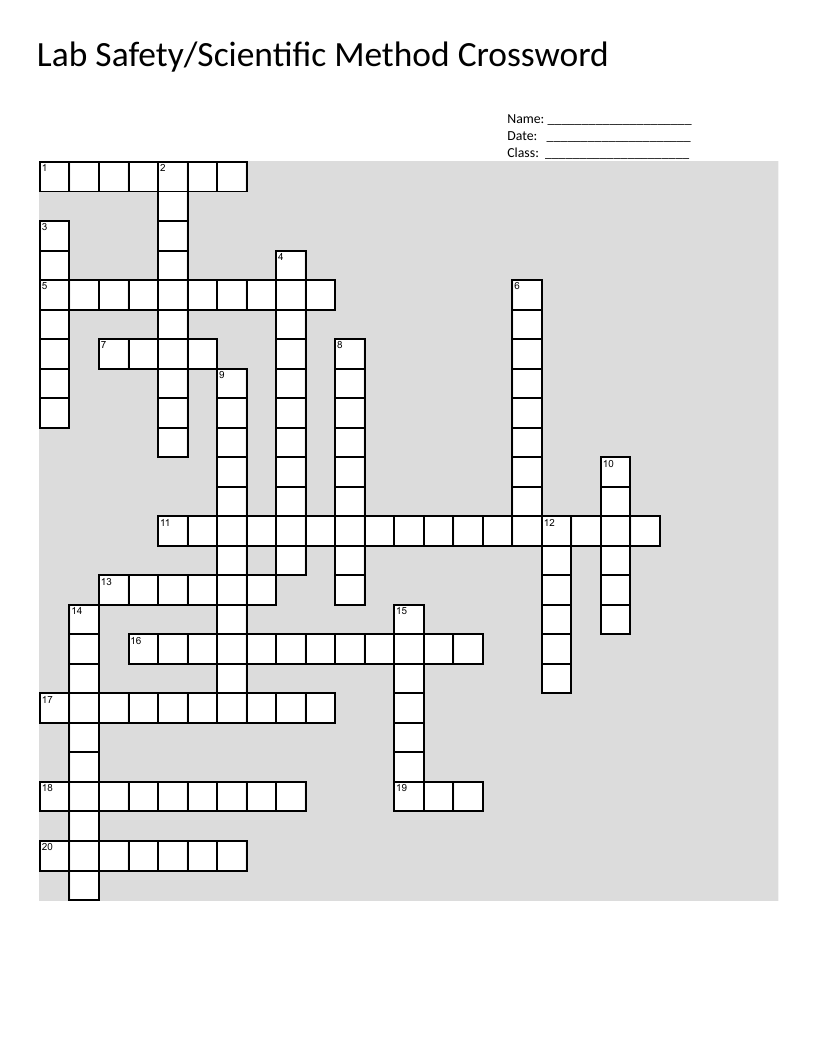 Lab safety and scientific method crossword with vocabulary on hypothesis, variables, and experiment design.