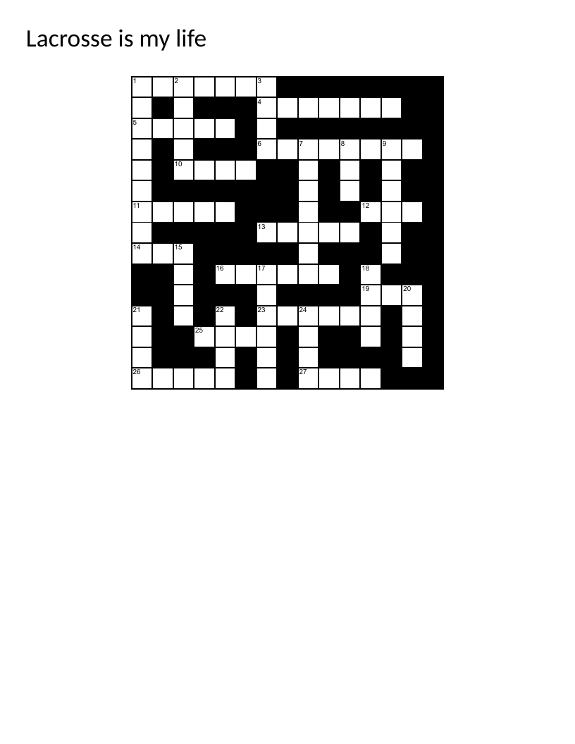 Lacrosse crossword with rules, positions, equipment, and strategy terminology.