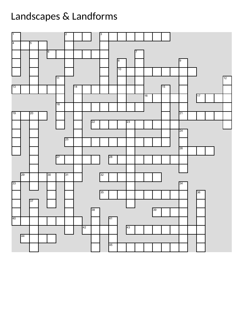 Landscapes and landforms earth science crossword with mountains, valleys, glaciers, and erosion.